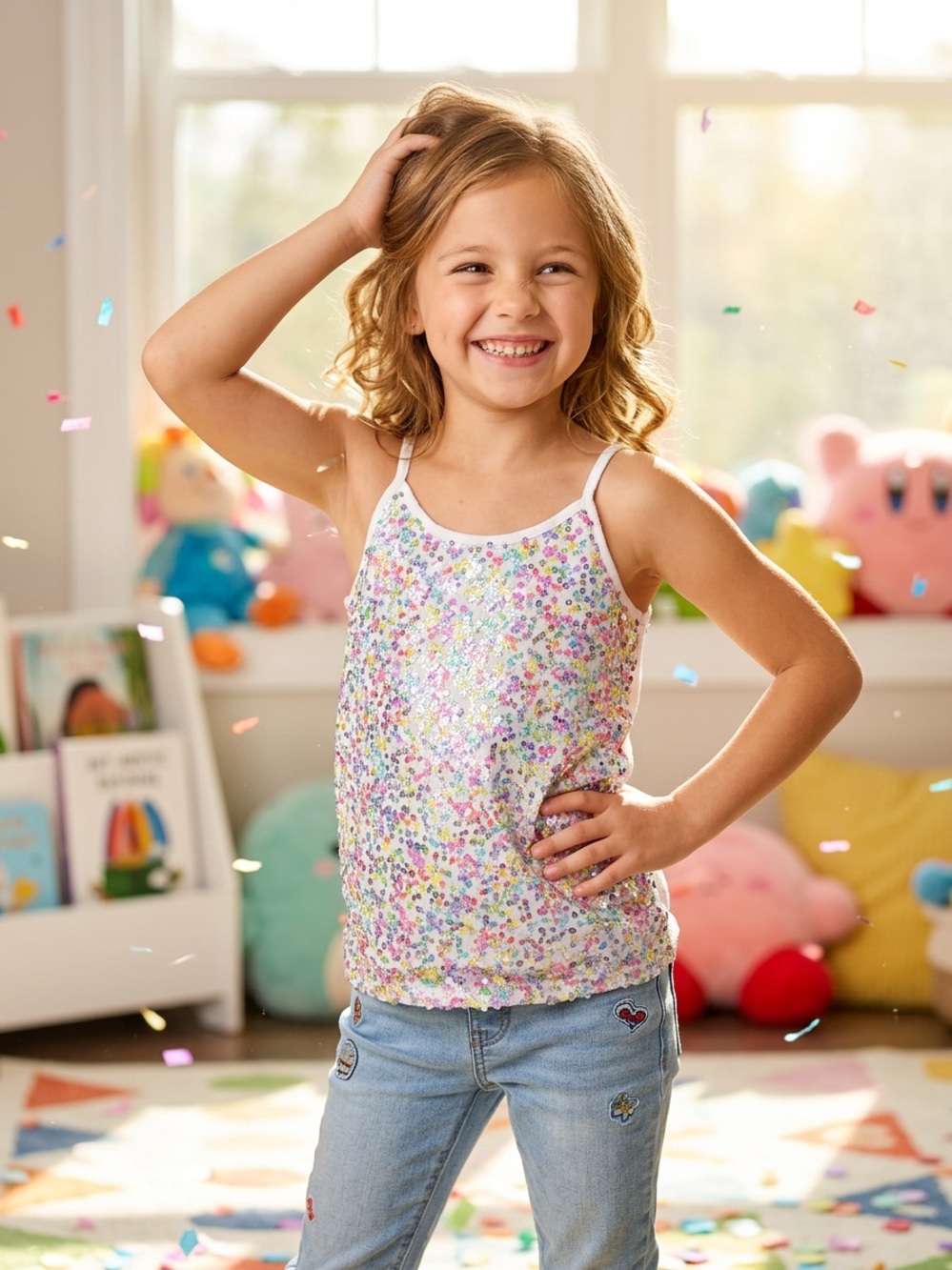 Girls White Sequin Confetti Tank with Multicolor Sparkle
